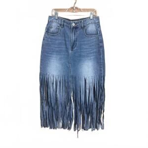 NEW VOCAL APPAREL women's midi skirt with fringe in denim blue
